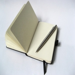 An open notebook with a pen sitting on the page