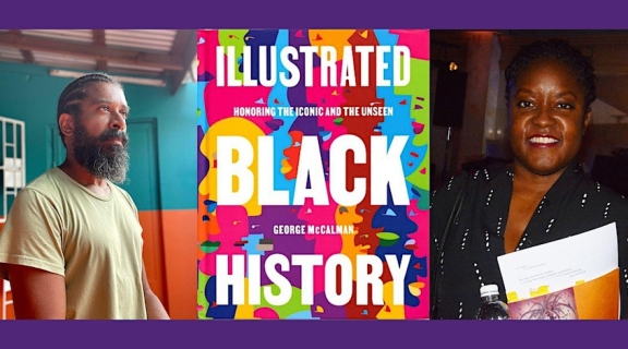George McCalman, cover of his book, and Tonya Foster on a banner for the event