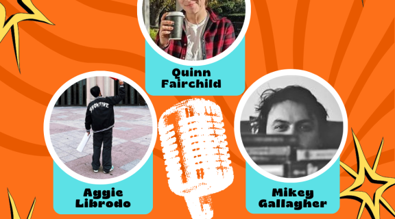 Take Place Presents Aggie Librodo, Quinn Fairchild & Mikey Gallagher, Tuesday October 28th. The readers are pictured here surrounded by an orange background.